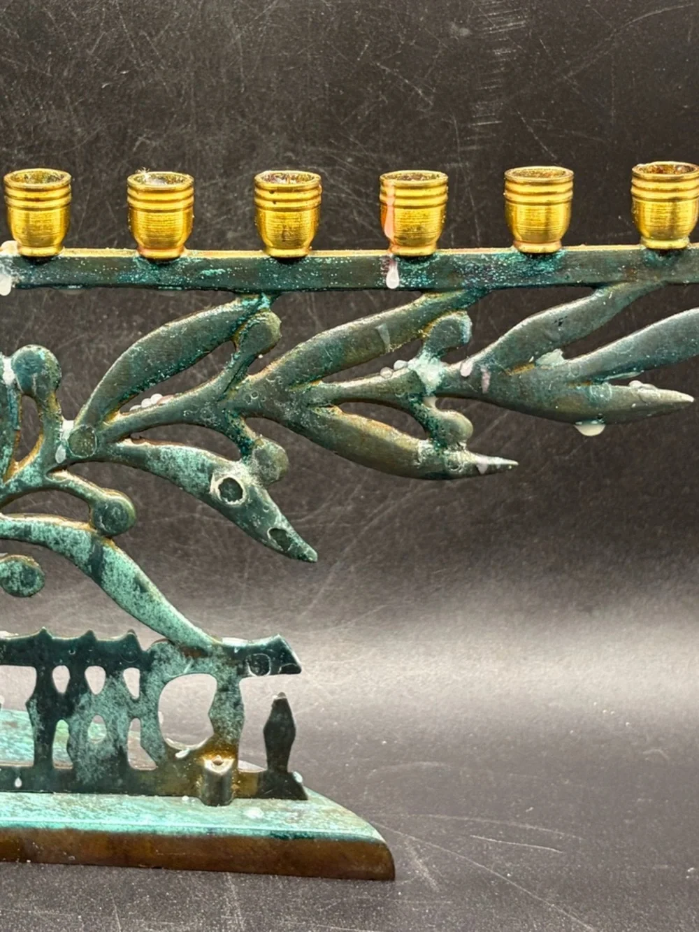 Vintage MCM Israeli Brass &Enamel Hanukkah Menorah Judaica Chanuka Candle Holder